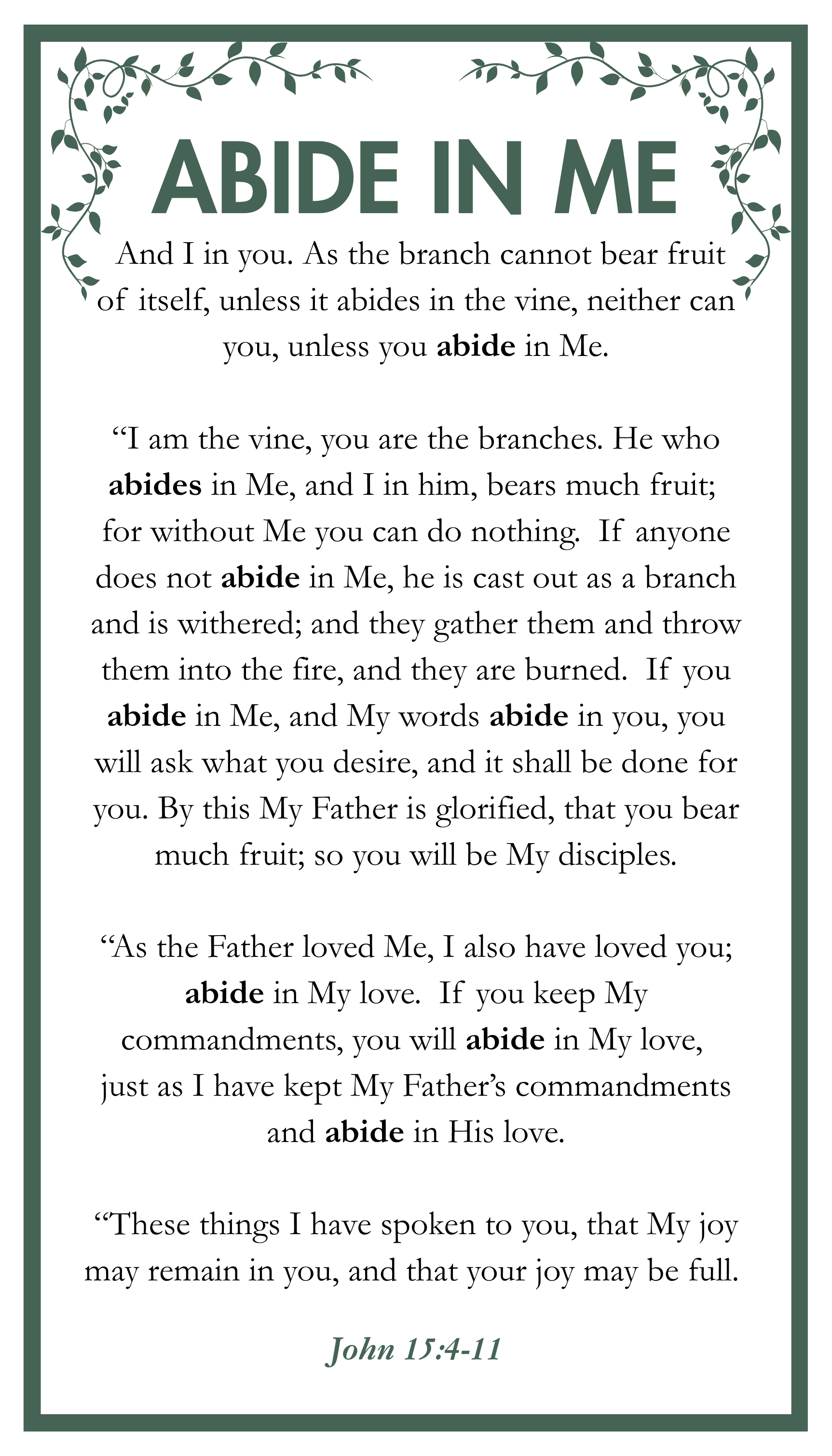Abide in Me prayer card based on John 15