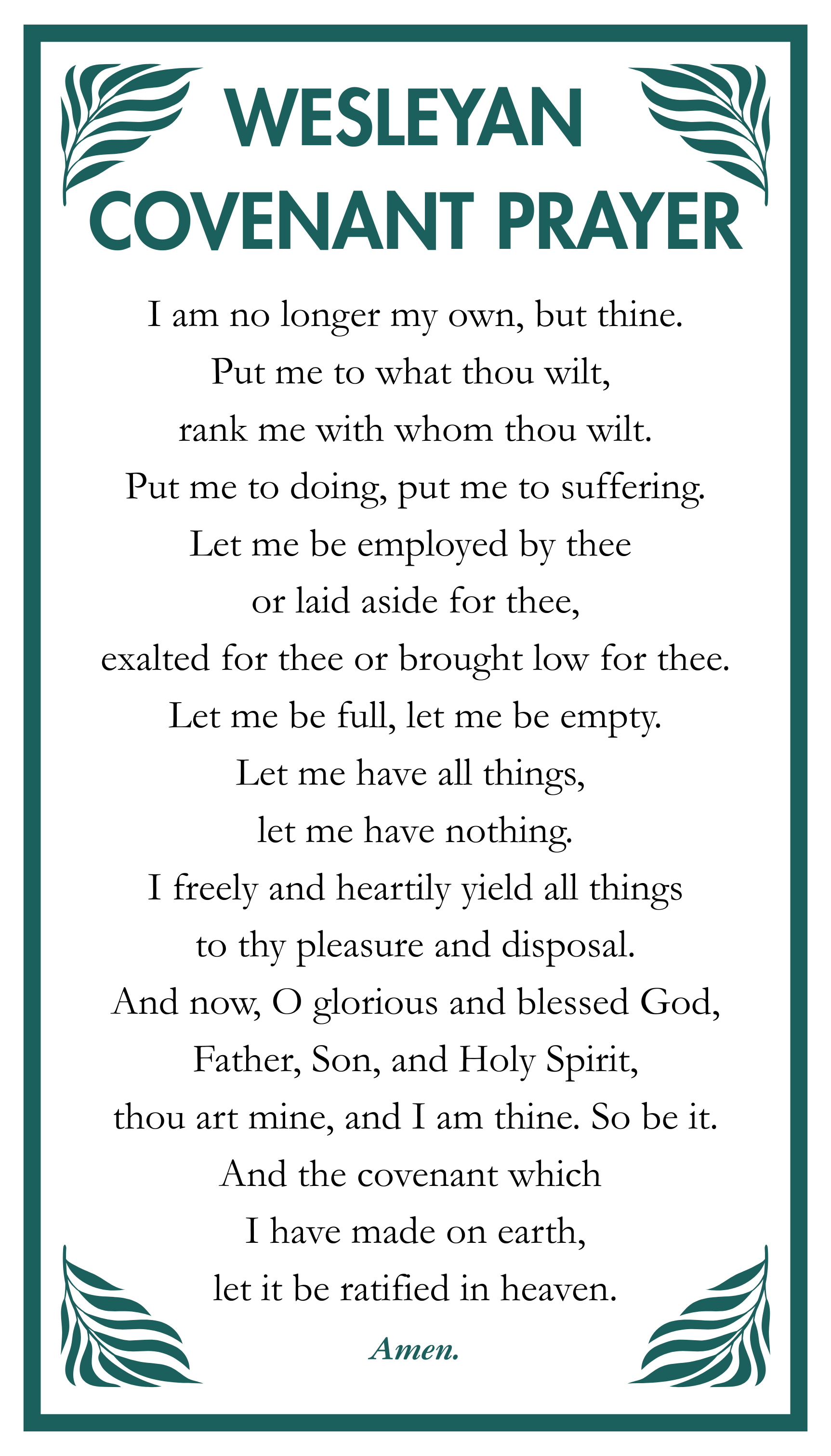 Wesleyan Covenant Prayer card