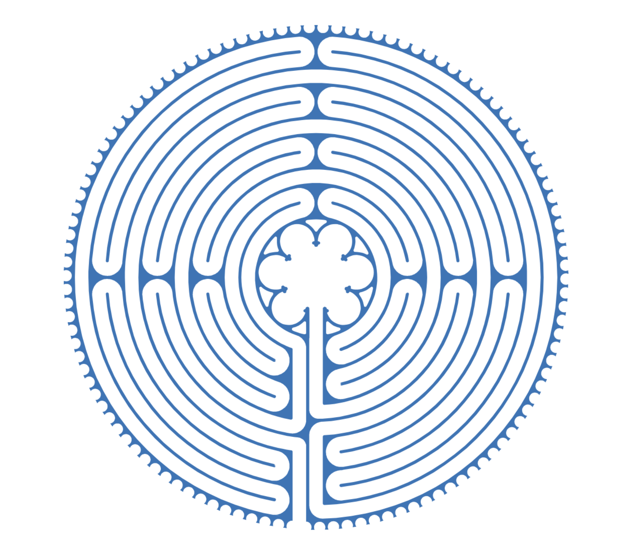 A circular blue prayer labyrinth for finger tracing